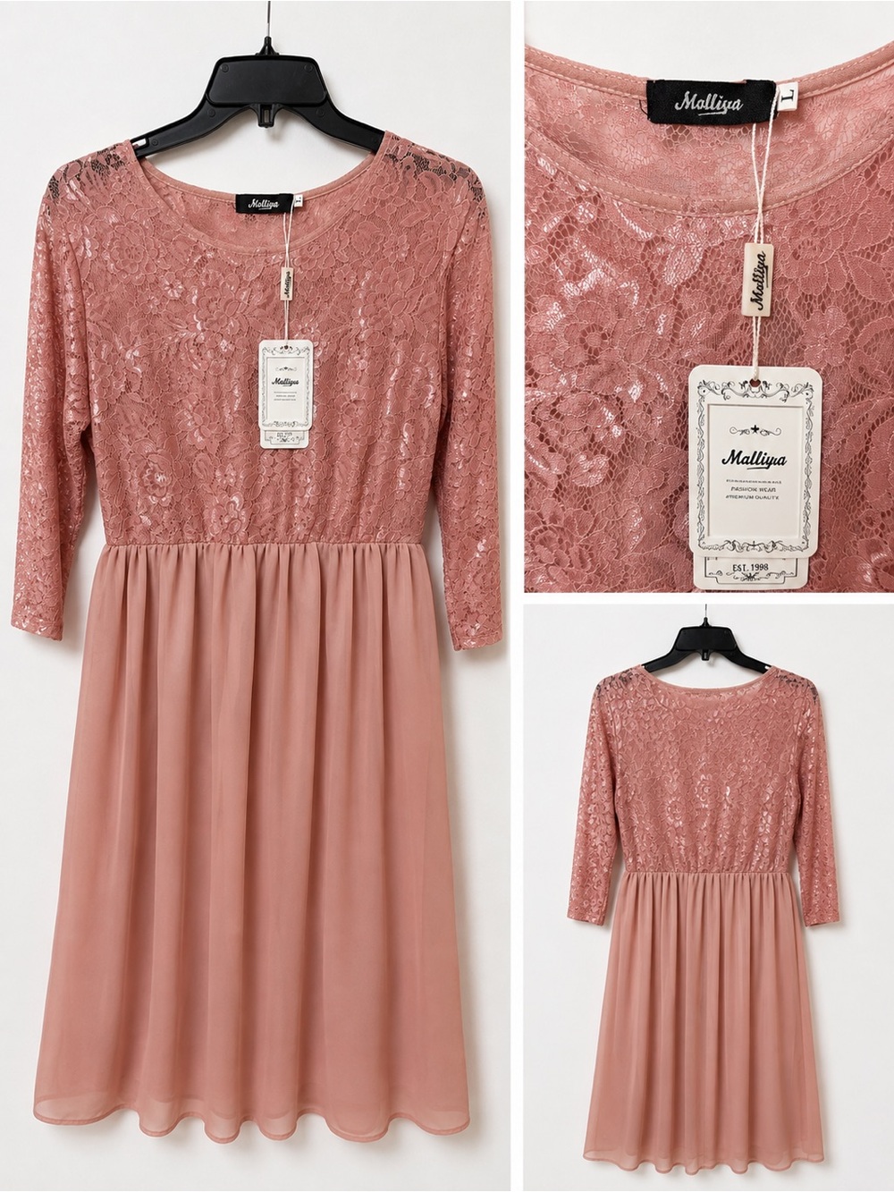 ⭐️3/$20 Molliya Dusty Rose Lace Chiffon Dress Size L NWT